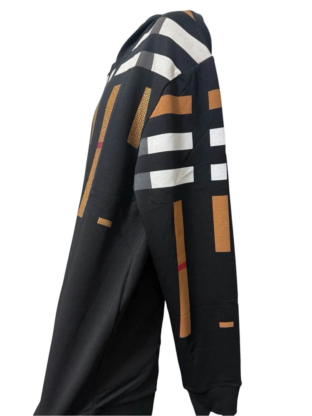 LAVERITA Black Hoodie with Geometric Tan, White & Red Block Pattern. new. large